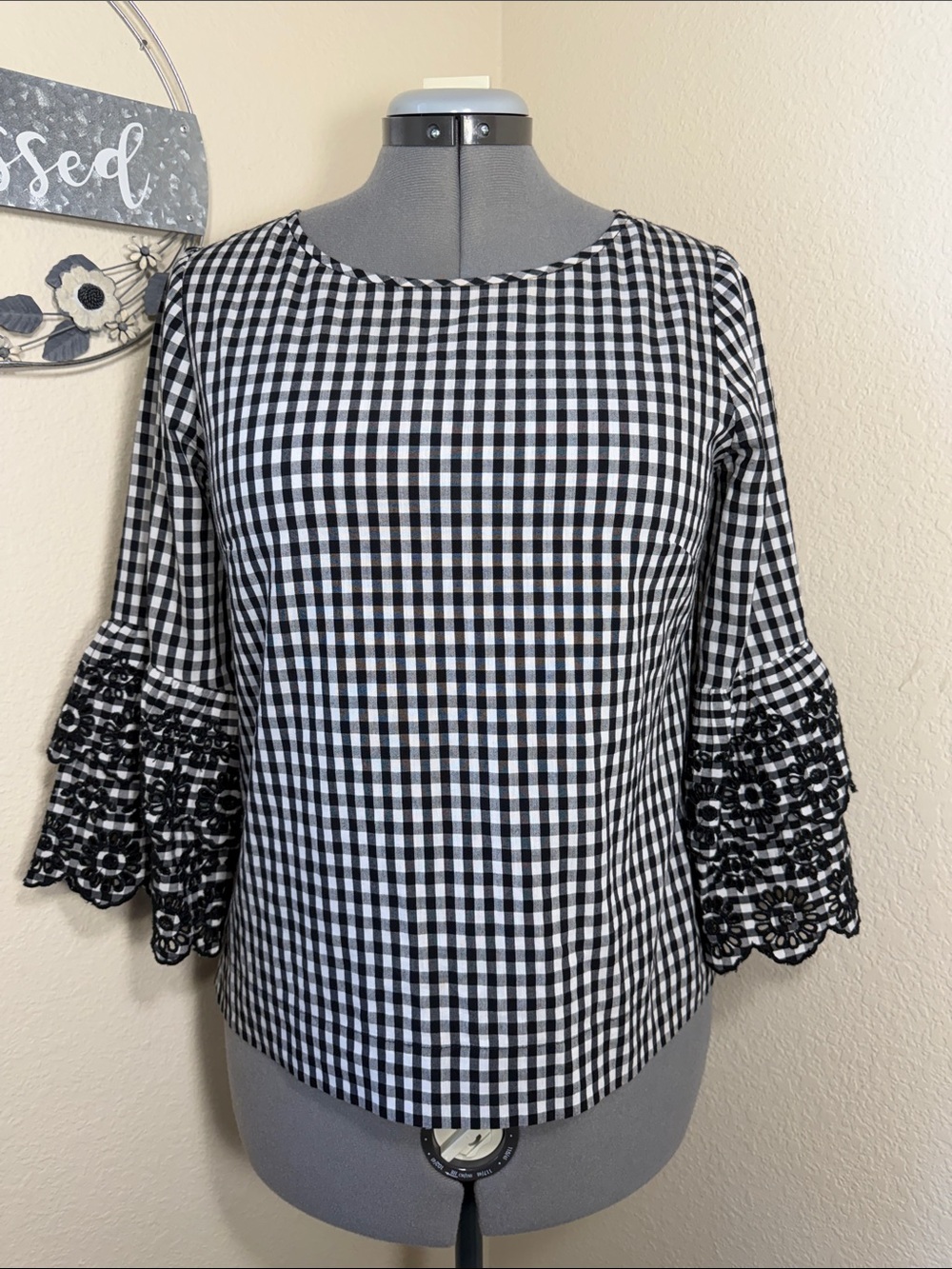 J.Crew Gingham Lace Eyelet Bell Sleeve Blouse Coquette Cottagecore Top 4